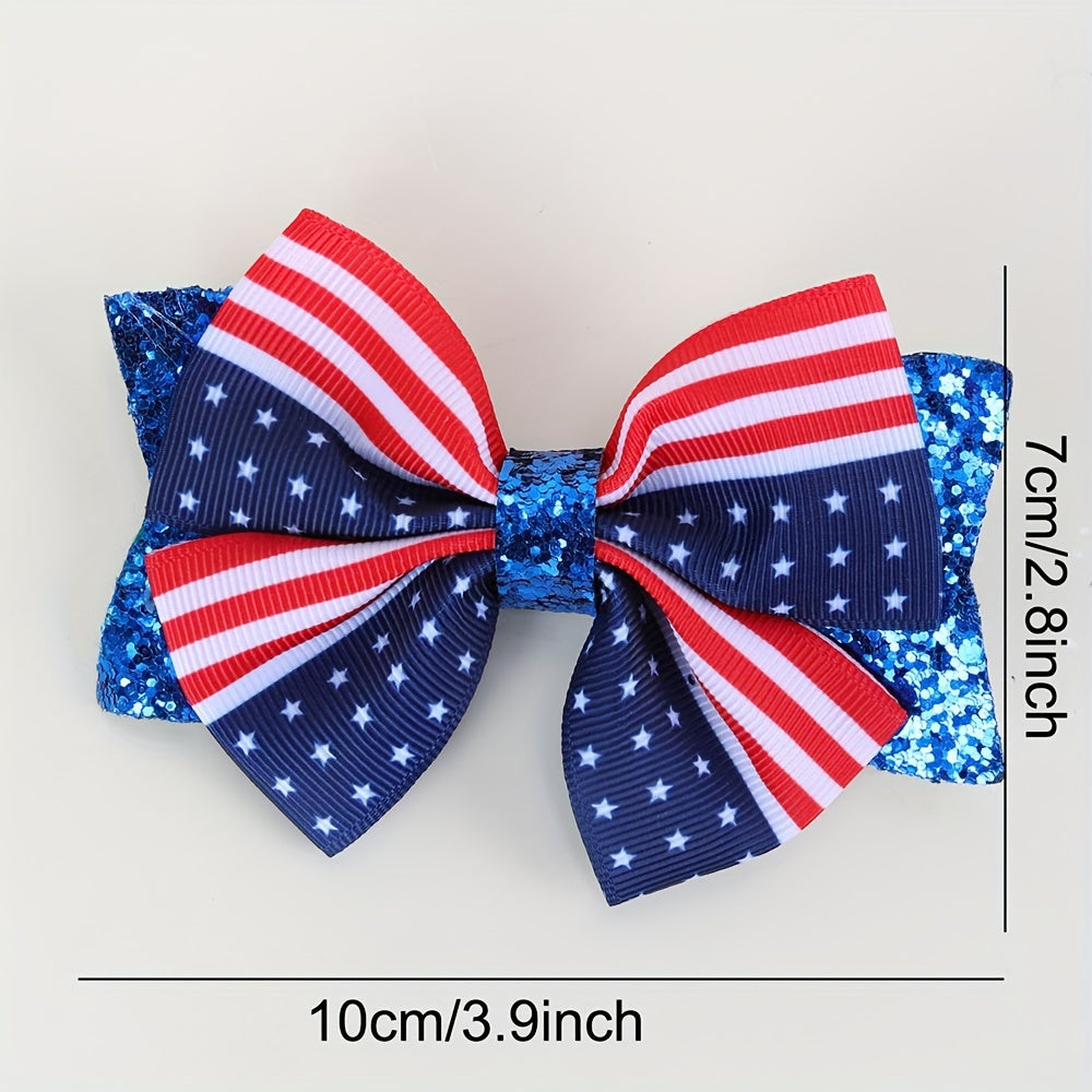 Patriotic Glitter Flag Hair Bow Clips - 2pcs Red White Blue Set
