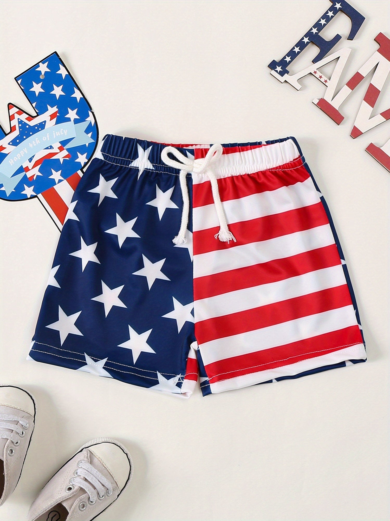 Patriotic American Boys Red White Blue Star-Spangled Swim Trunks - Elastic Waist