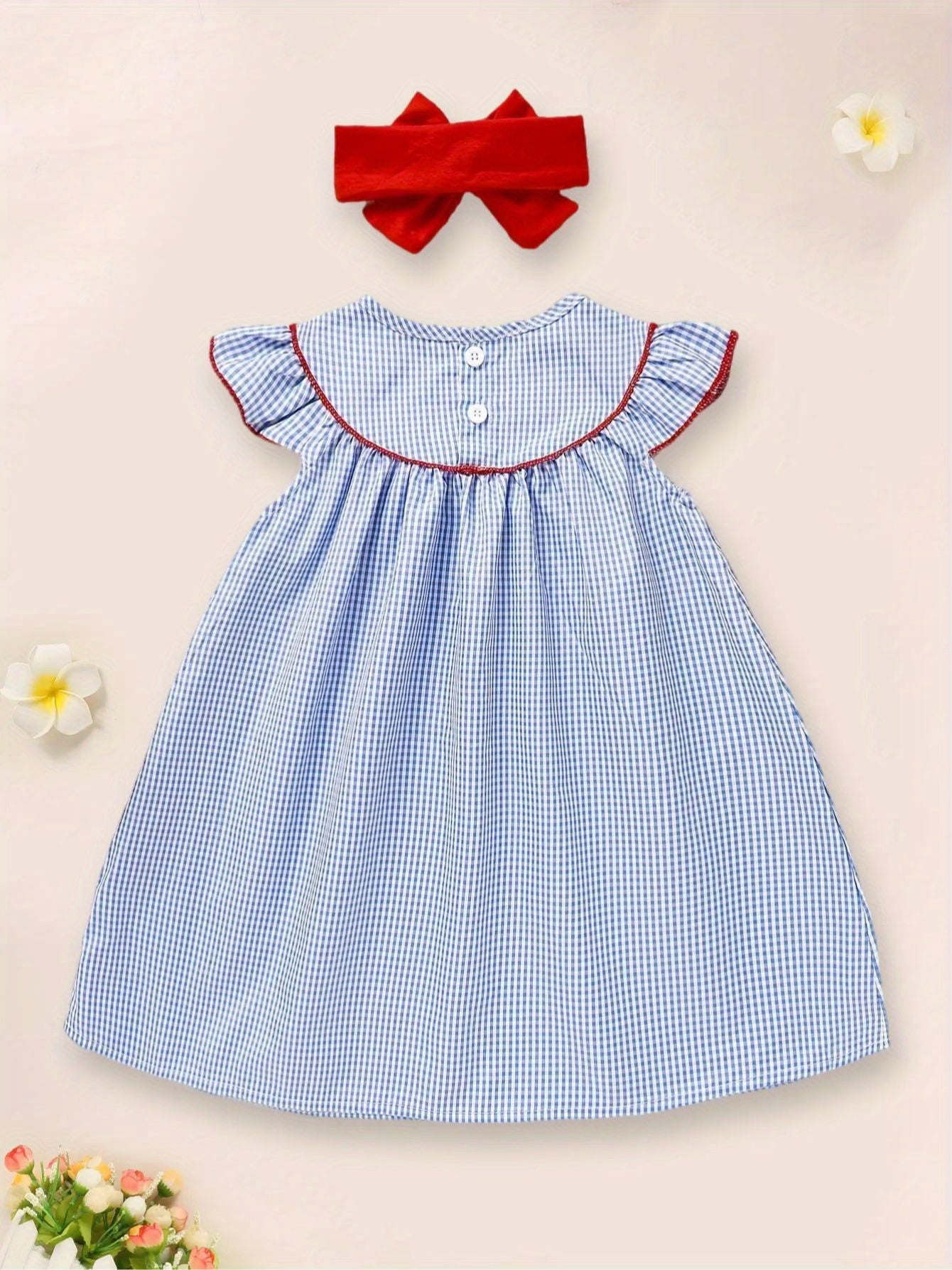 Toddler Girl Gingham American Flag Ruffle Sleeve Collar Dress