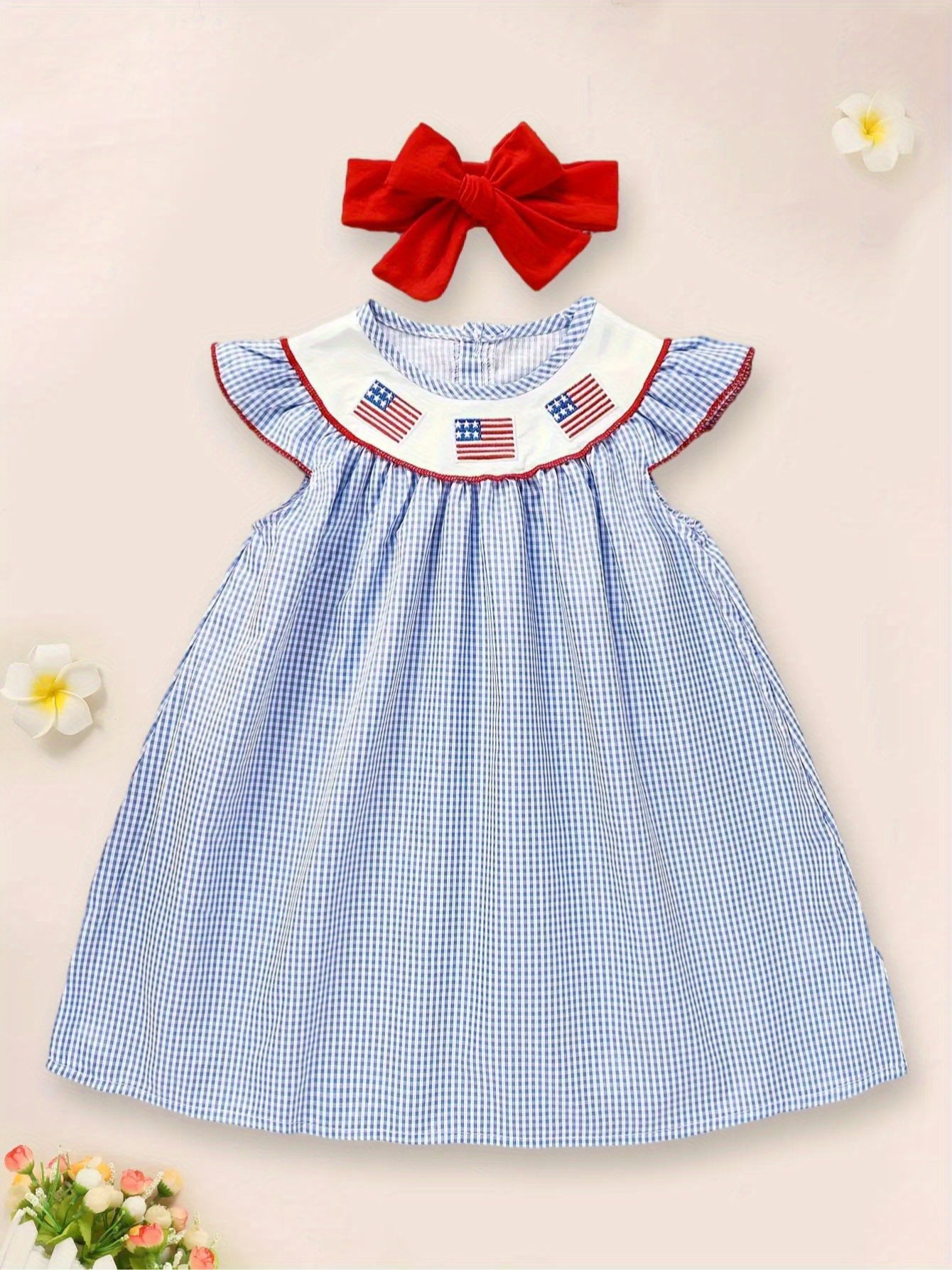Toddler Girl Gingham American Flag Ruffle Sleeve Collar Dress