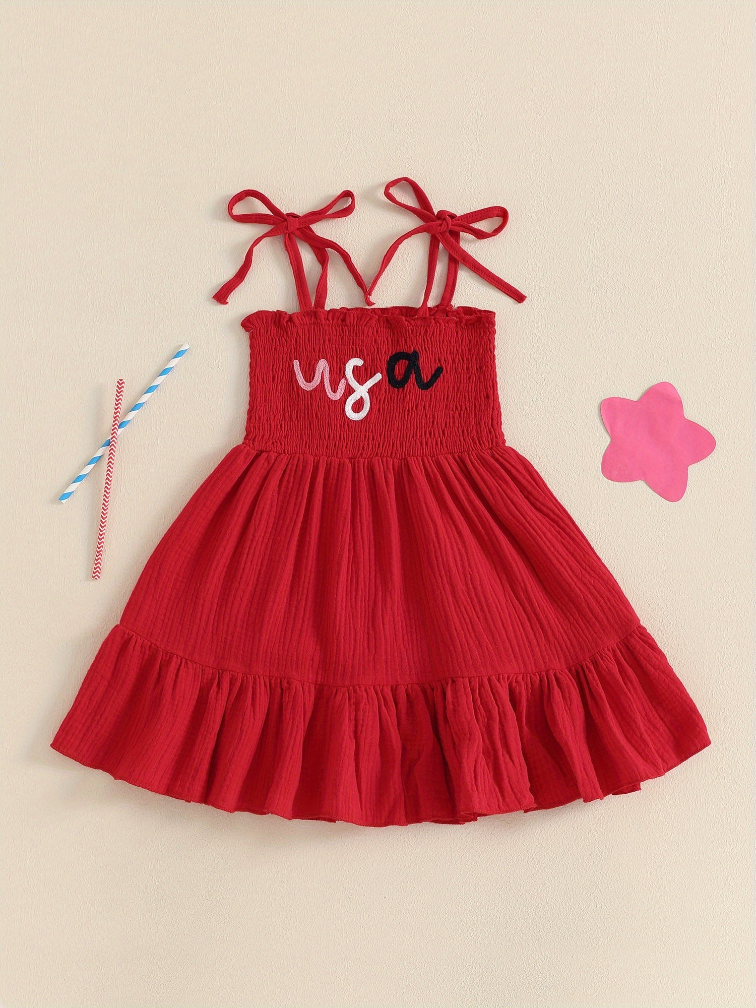Girls Smocked A-Line Dress - Tie Shoulder Letter Embroidery