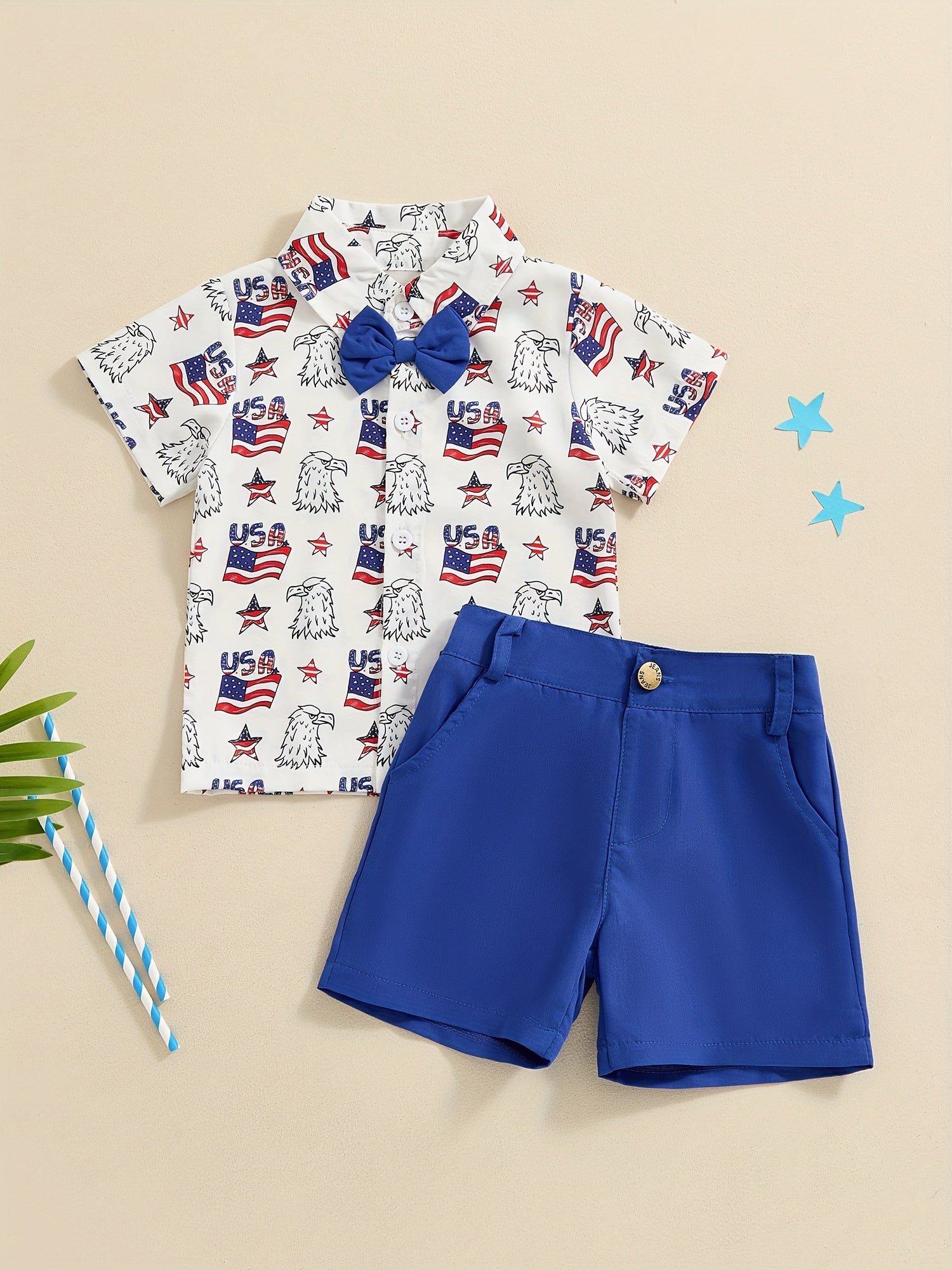 Boys Patriotic Shorts - Eagle Flag Print Red White Blue