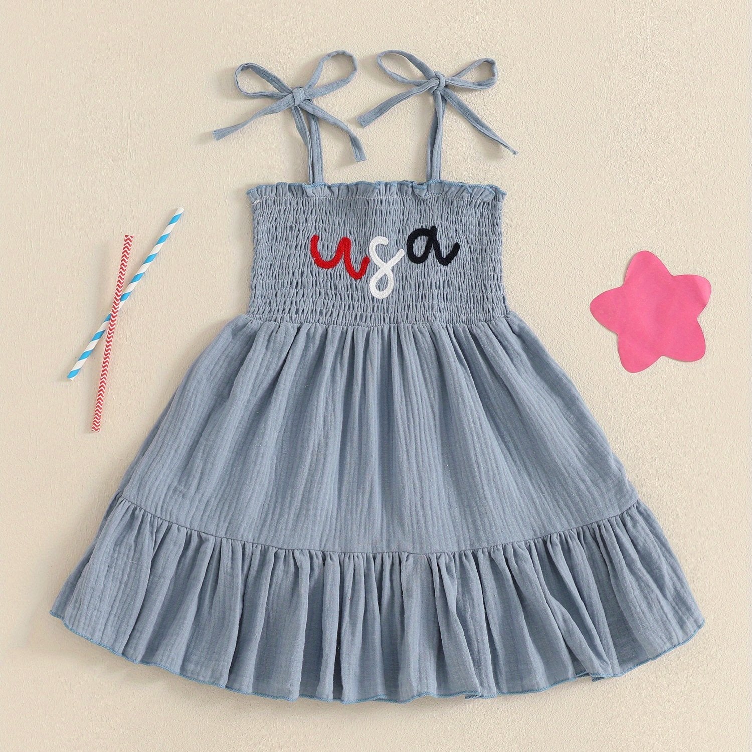 Girls Smocked A-Line Dress - Tie Shoulder Letter Embroidery