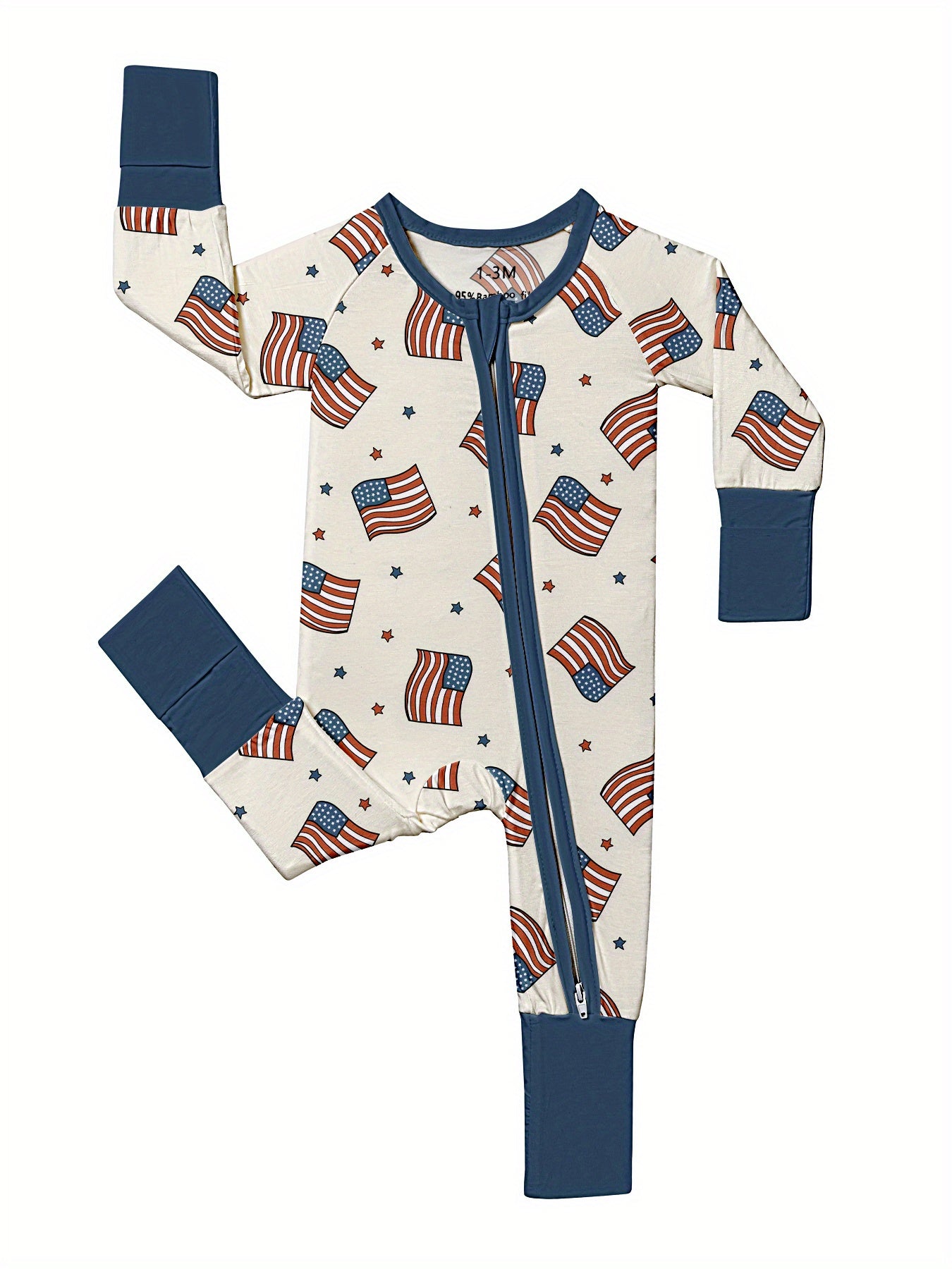 Newborn Baby Boy'S Bamboo Fiber Zipper Jaysuit Flag Printed Jaysuit Jaysuit Jaysuit Outdoor Clothing 4th of July, for Outdoor