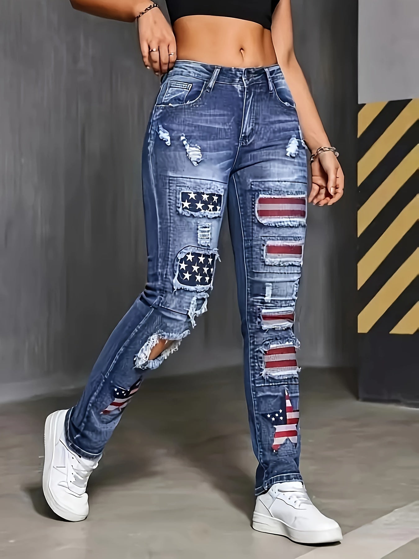 Women's American Flag Ripped Patchwork Distressed Denim Jeans
