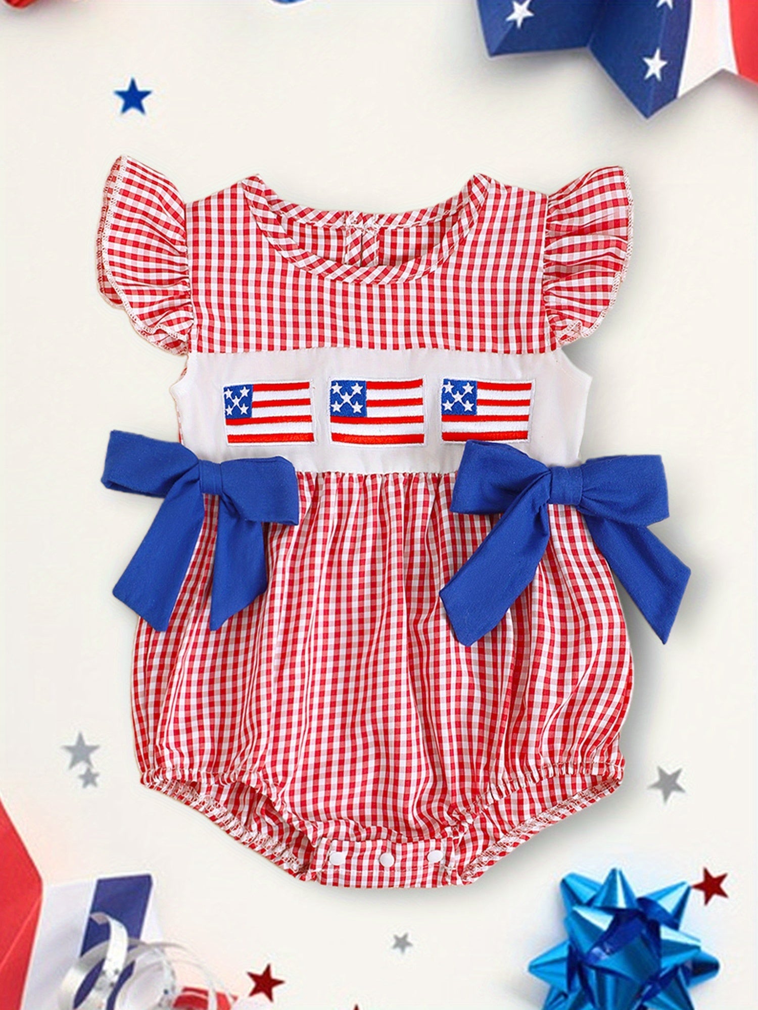 Patriotic Baby Romper - Plaid Ruffles Red White Blue