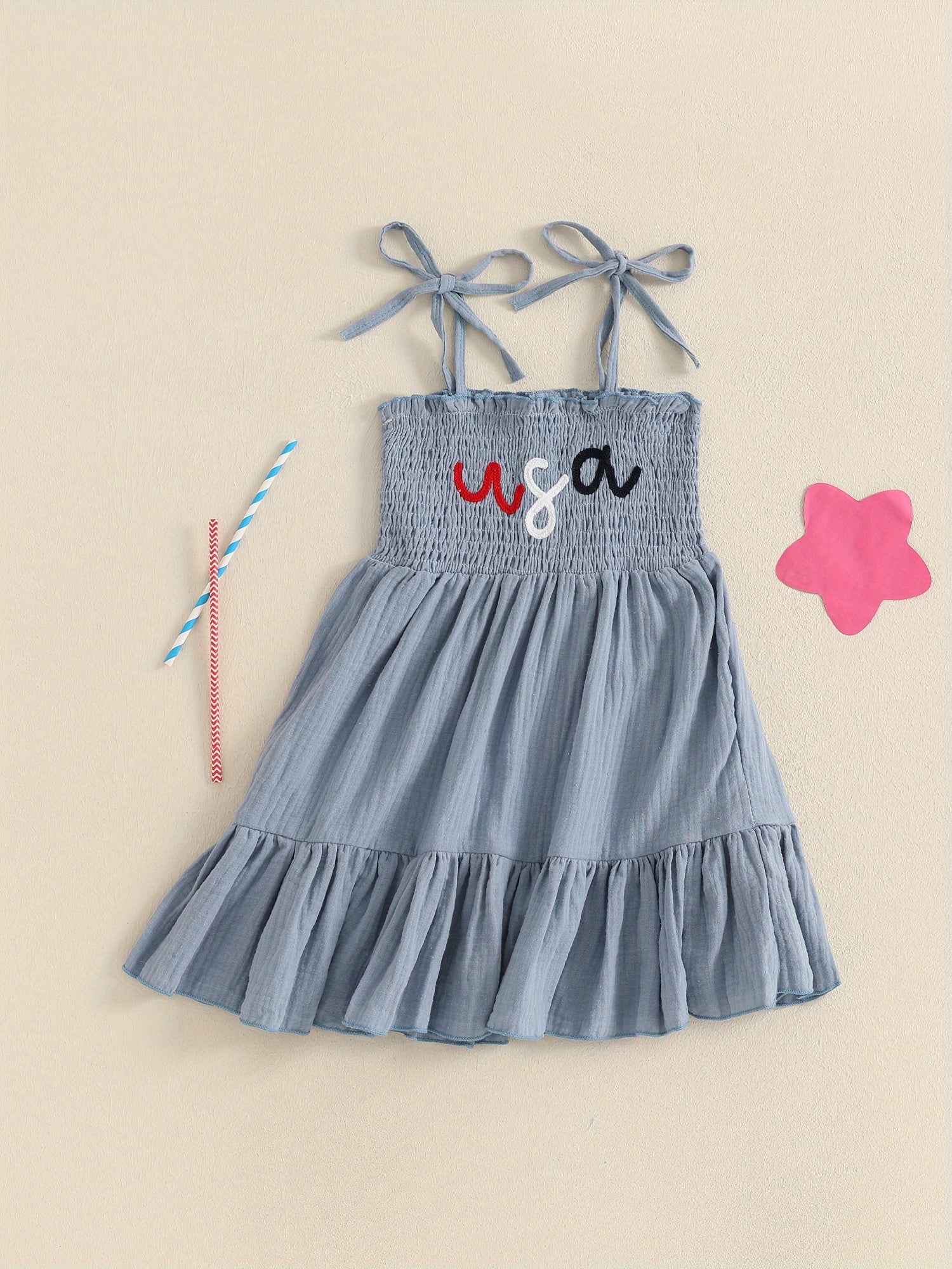 Girls Smocked A-Line Dress - Tie Shoulder Letter Embroidery