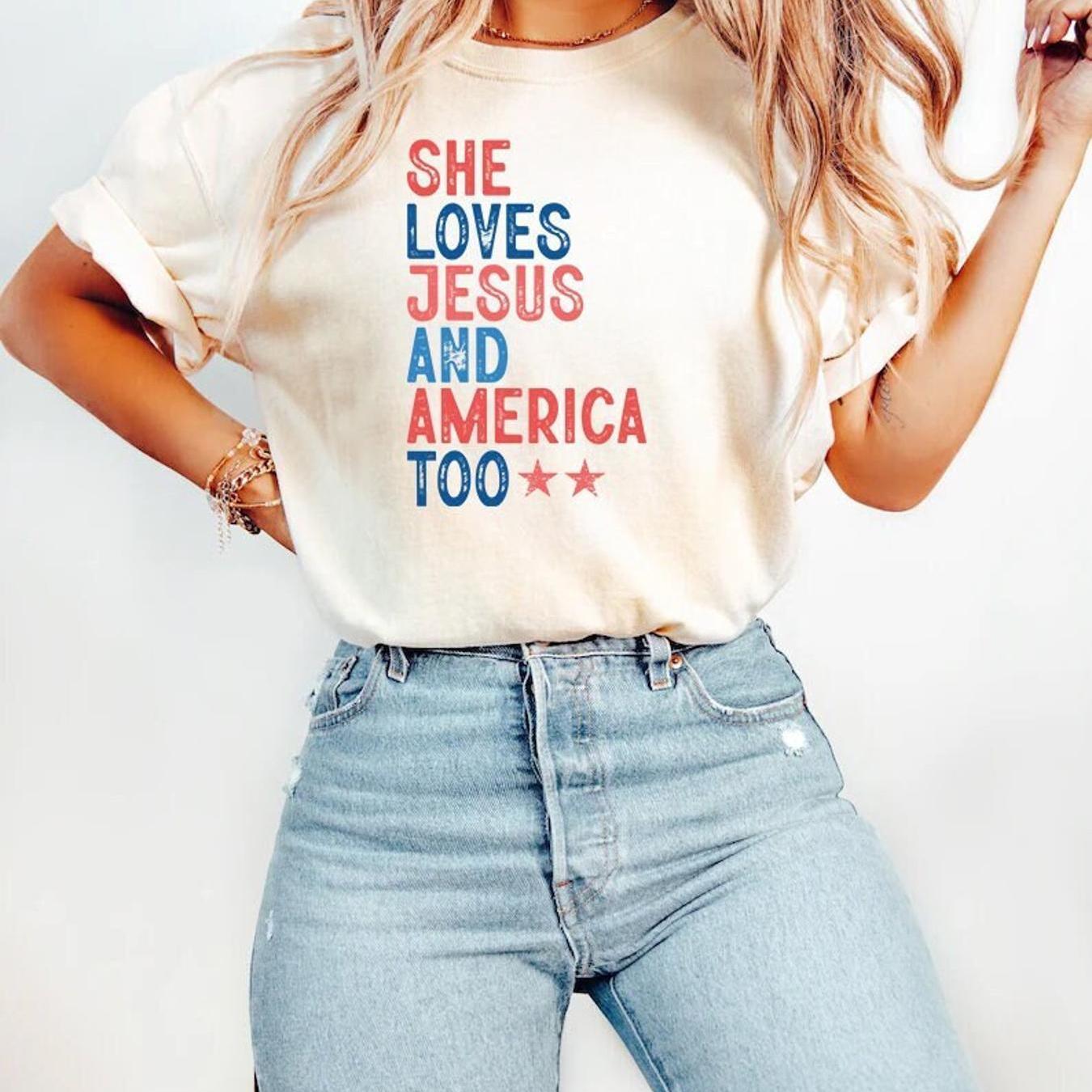 Patriotic Women's T-Shirt – She Loves Jesus and America Too