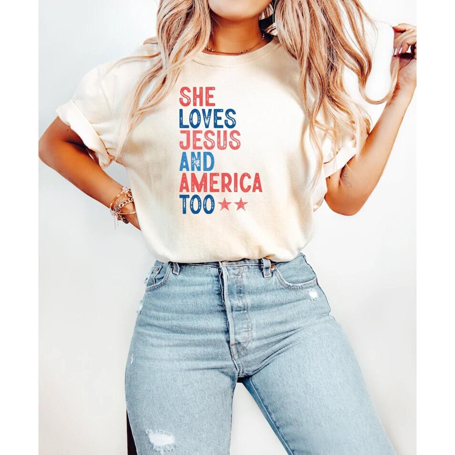 Patriotic Women's T-Shirt – She Loves Jesus and America Too