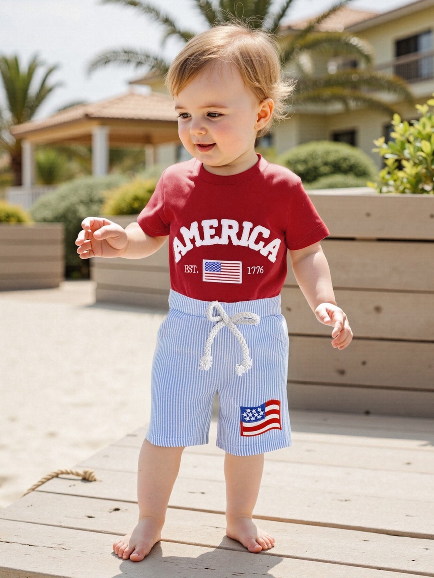 Toddler Boy Letter Embroidery Tee & Stripe Shorts 2pcs Set