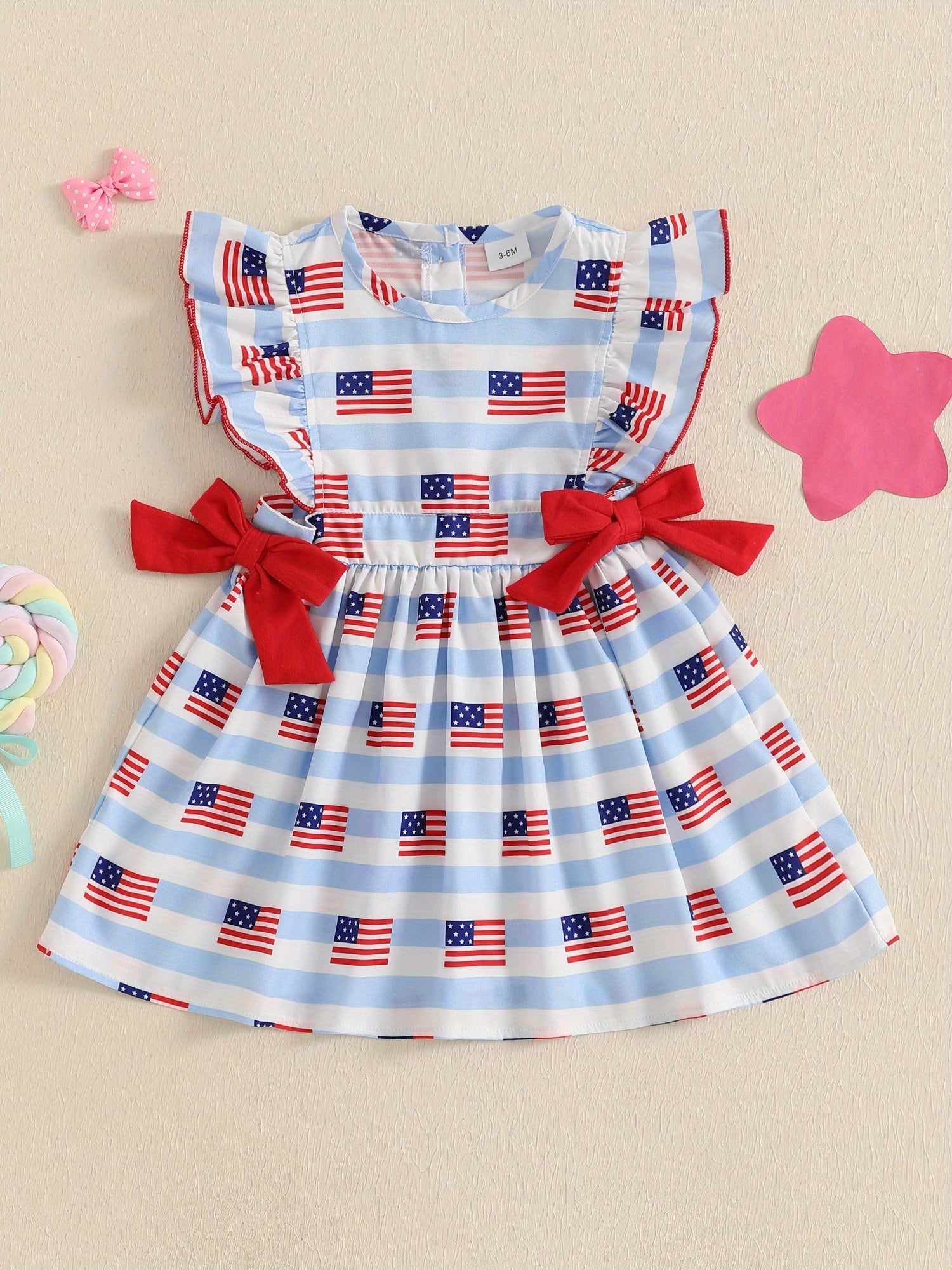Baby Girl American Flag Stripe Bow Flying Sleeve Flared Dress
