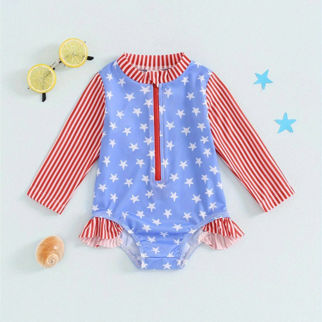 Baby Girl Star Print Long Sleeve Zipper Rash Guard Swimsuit