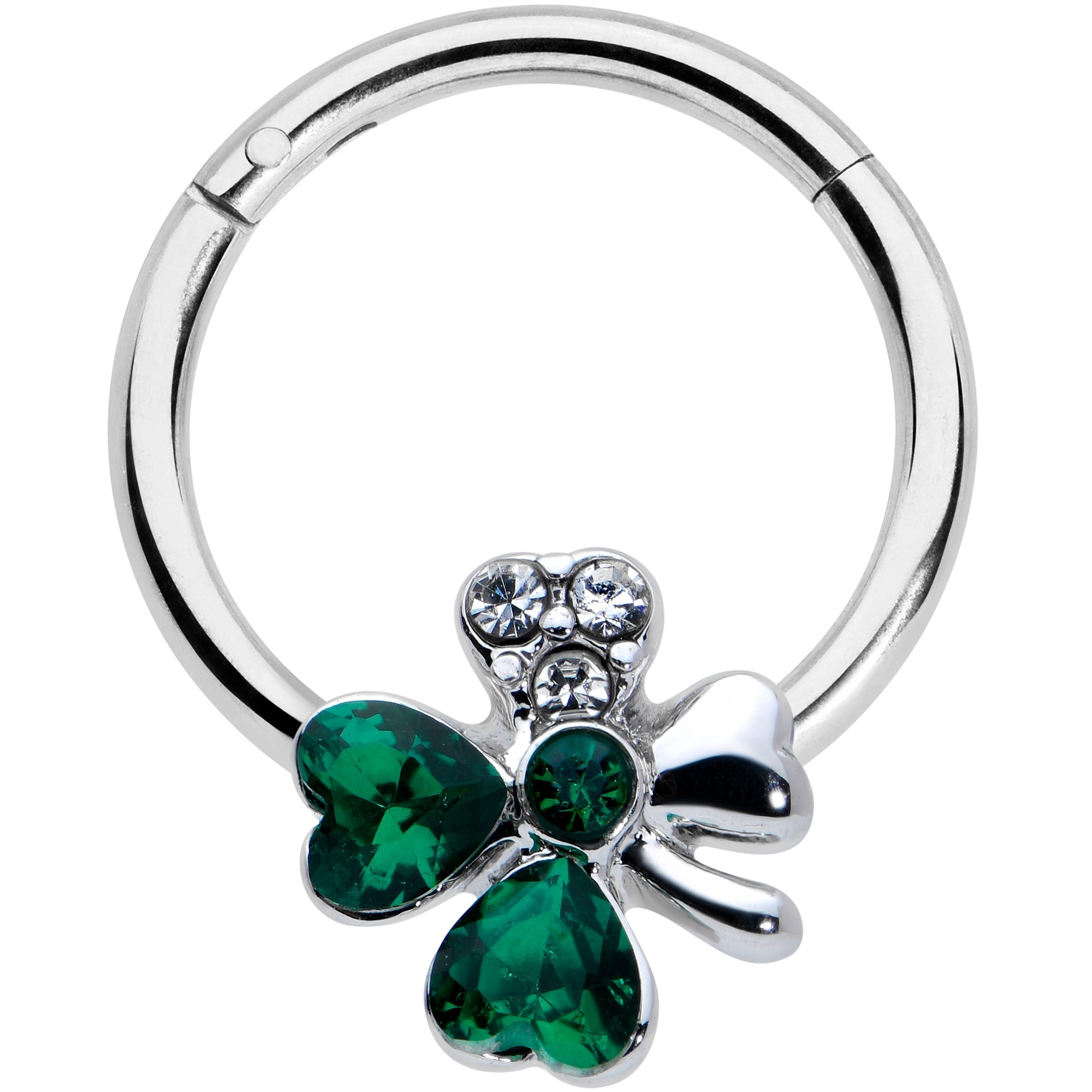 16G 3/8 Clear Green Gem Shamrock St Patricks Hinged Segment Ring