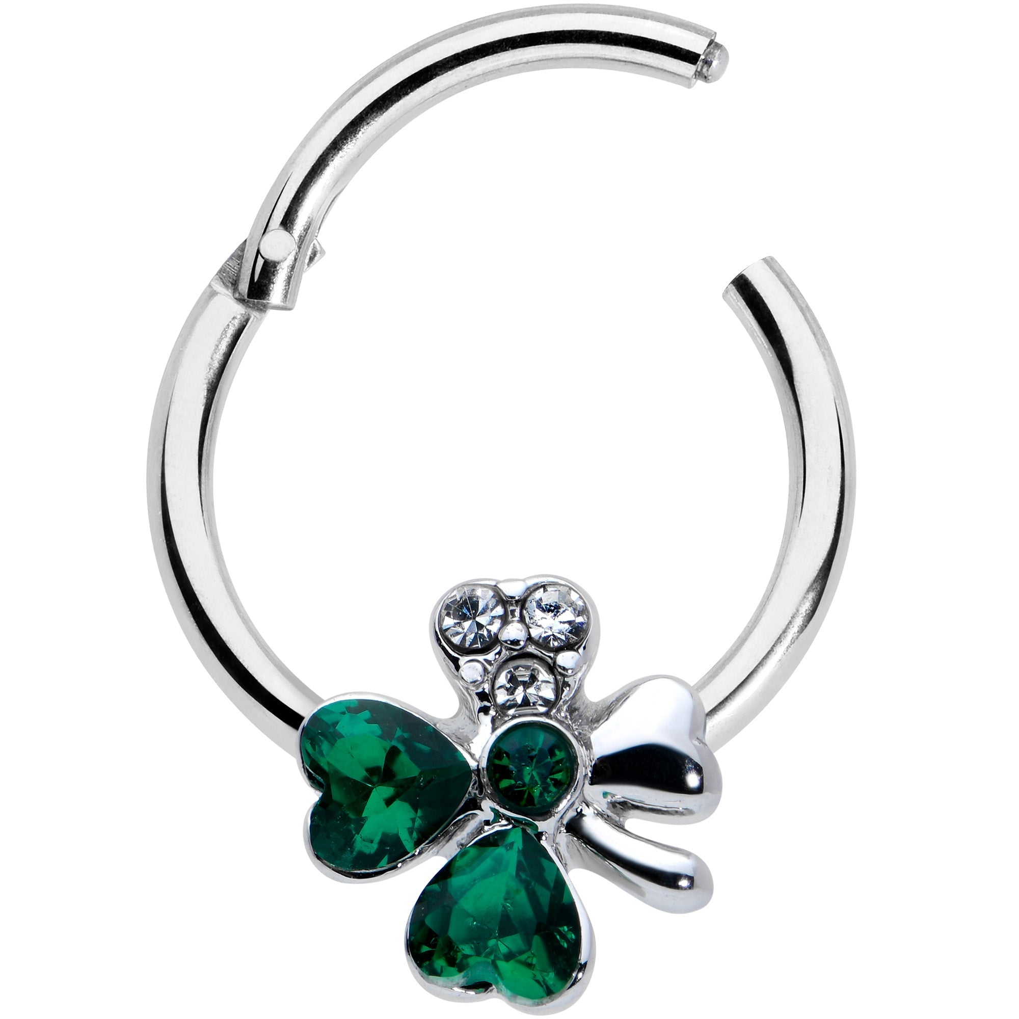 16G 3/8 Clear Green Gem Shamrock St Patricks Hinged Segment Ring