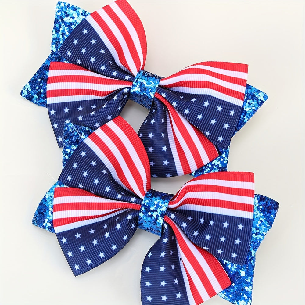 Patriotic Glitter Flag Hair Bow Clips - 2pcs Red White Blue Set