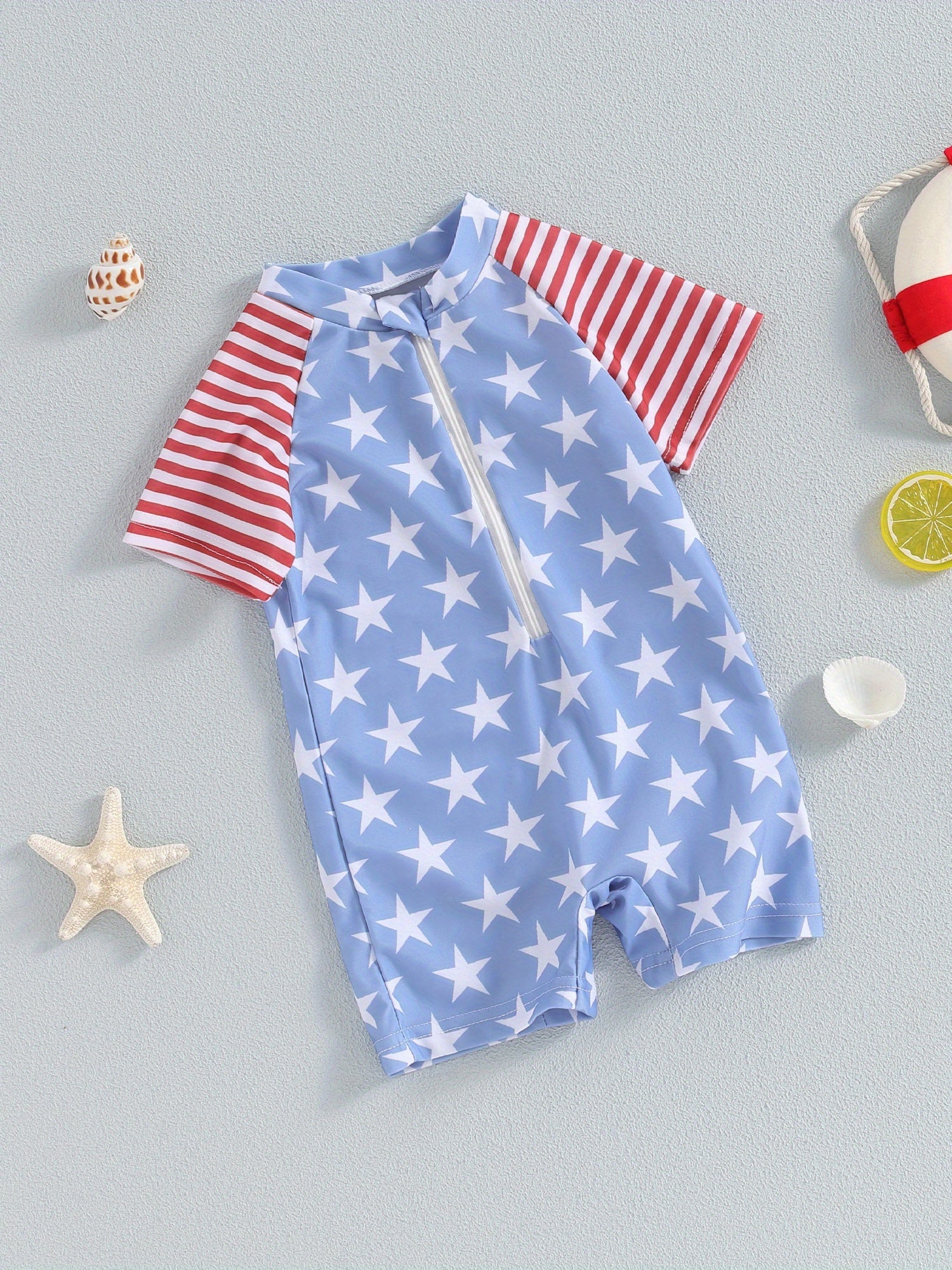 Boys Star & Stripe Zipper Rash Guard Swimsuit - Short Sleeve
