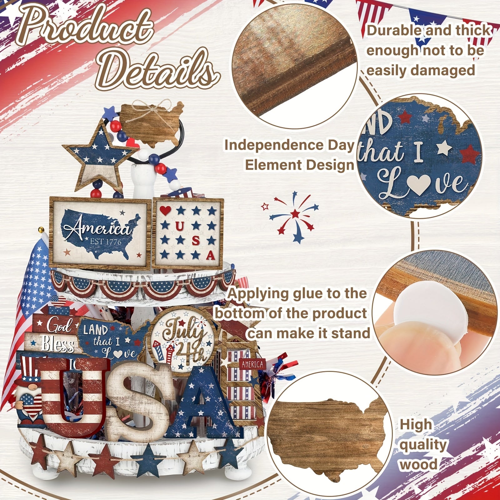 4th July Table Centerpiece - Red White Blue Star Wooden Sign