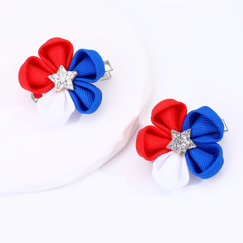 Patriotic Glitter Star & Flower Hair Clips - 2pcs Alligator Clasp
