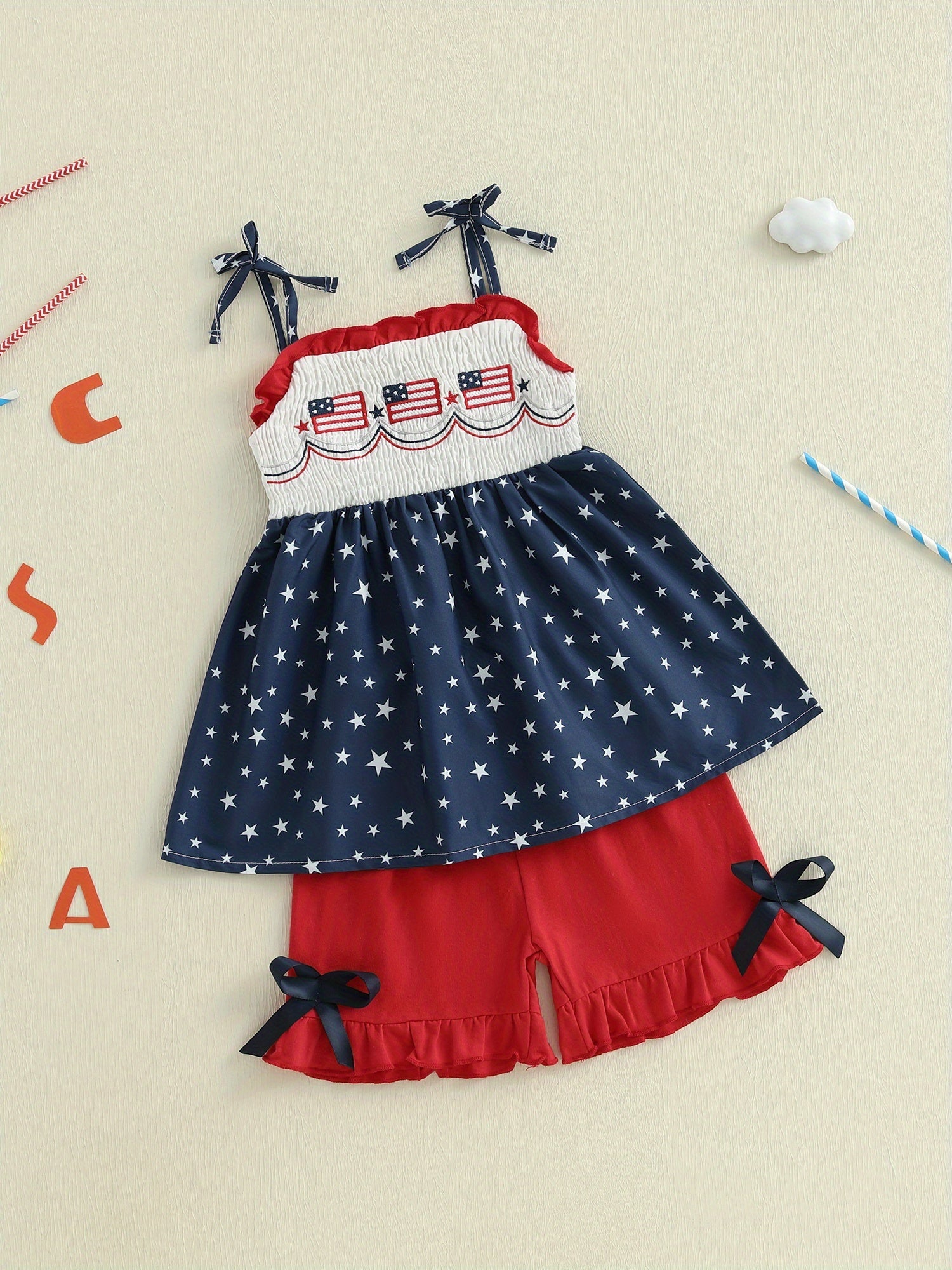 Kids Patriotic Shorts Set - Stars Print American Flag 4th