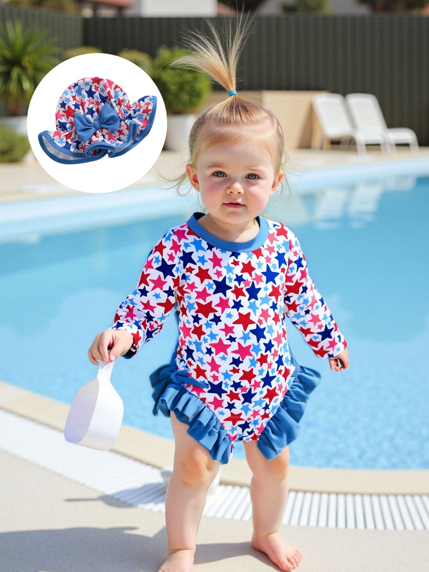 Toddler Girls Zip Up Ruffled Rash Guard & Hat 2pcs Swimsuit Set