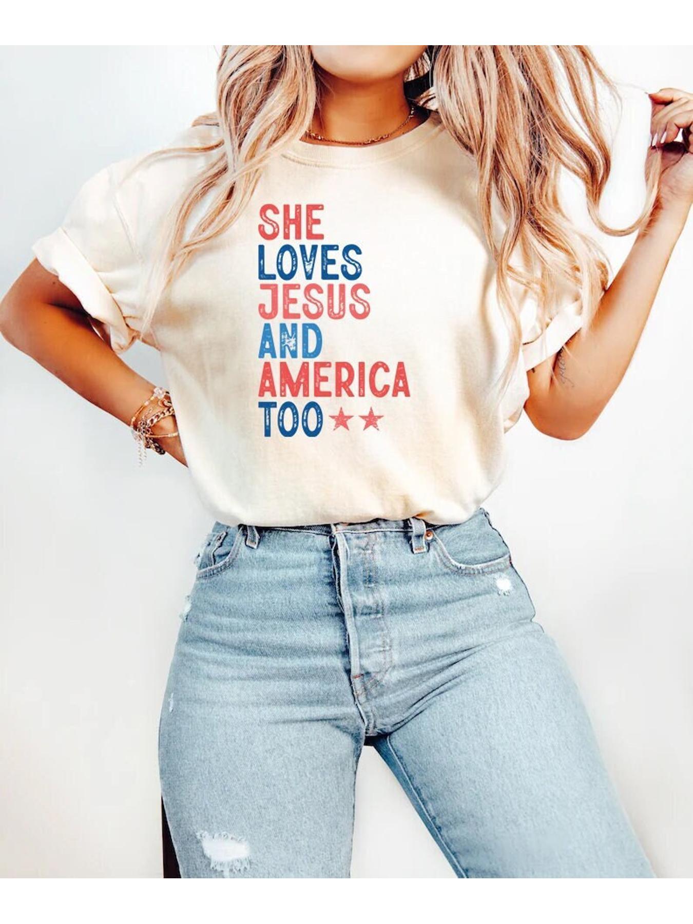 Patriotic Women's T-Shirt – She Loves Jesus and America Too