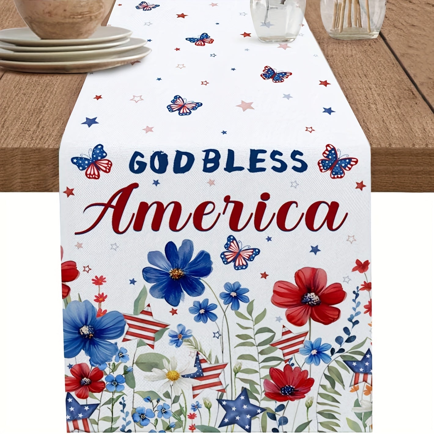 Butterfly American Flag Linen Table Runner - Multiple Sizes