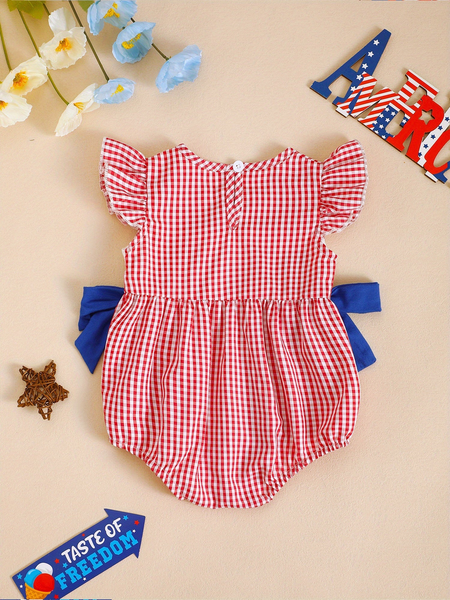 Patriotic Baby Romper - Plaid Ruffles Red White Blue