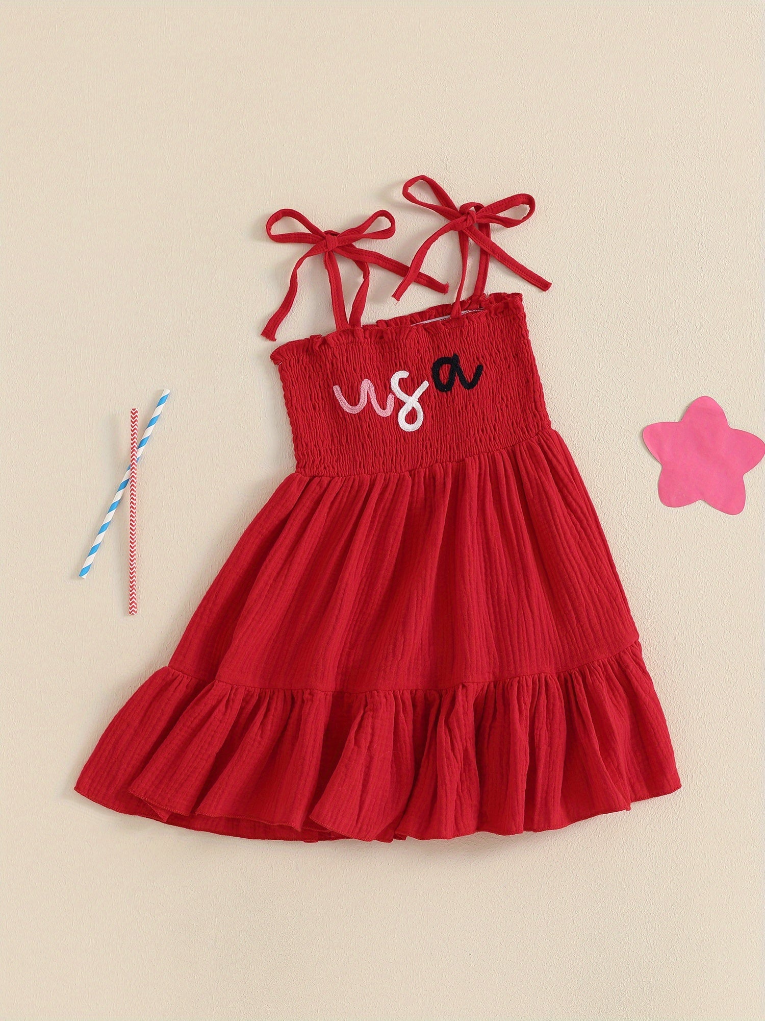 Girls Smocked A-Line Dress - Tie Shoulder Letter Embroidery