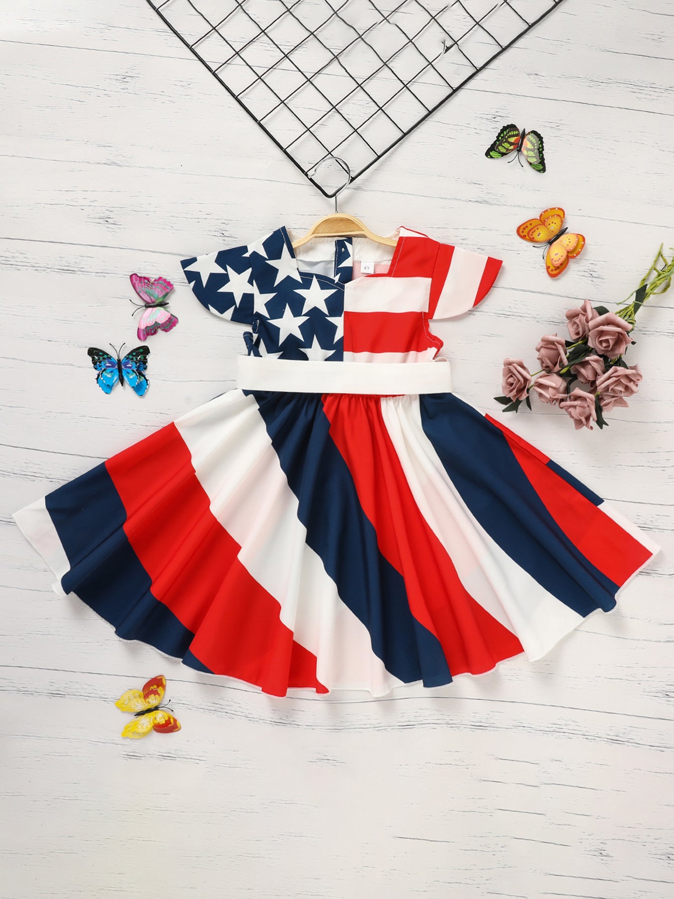 Girls Patriotic Twirl Dress - Red White Blue Stripe Star Flutter Sleeve