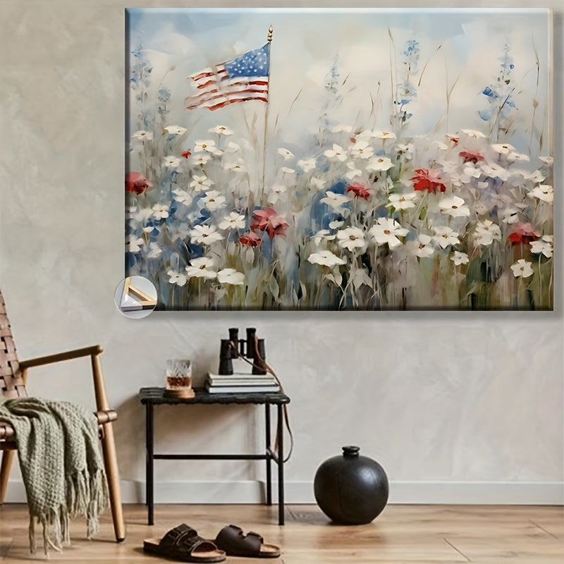 Patriotic American Flag Floral Canvas Framed Wall Art - Home Decor