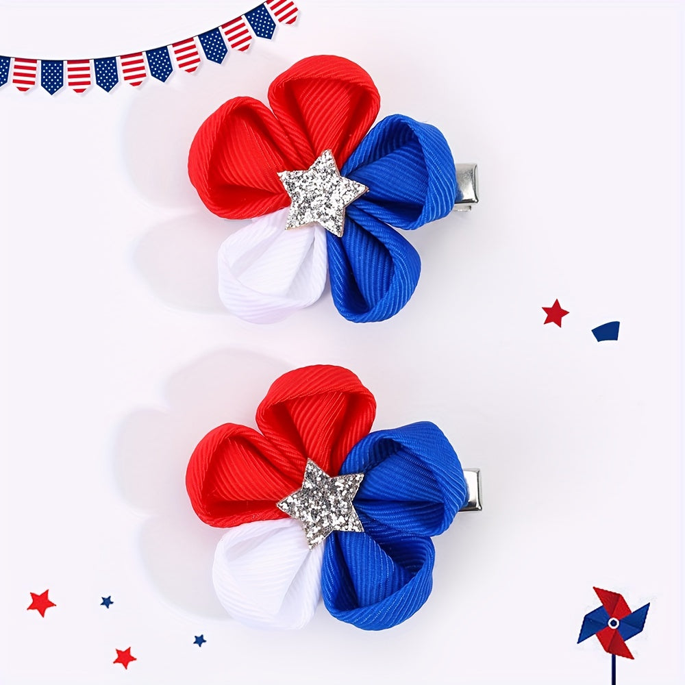 Patriotic Glitter Star & Flower Hair Clips - 2pcs Alligator Clasp