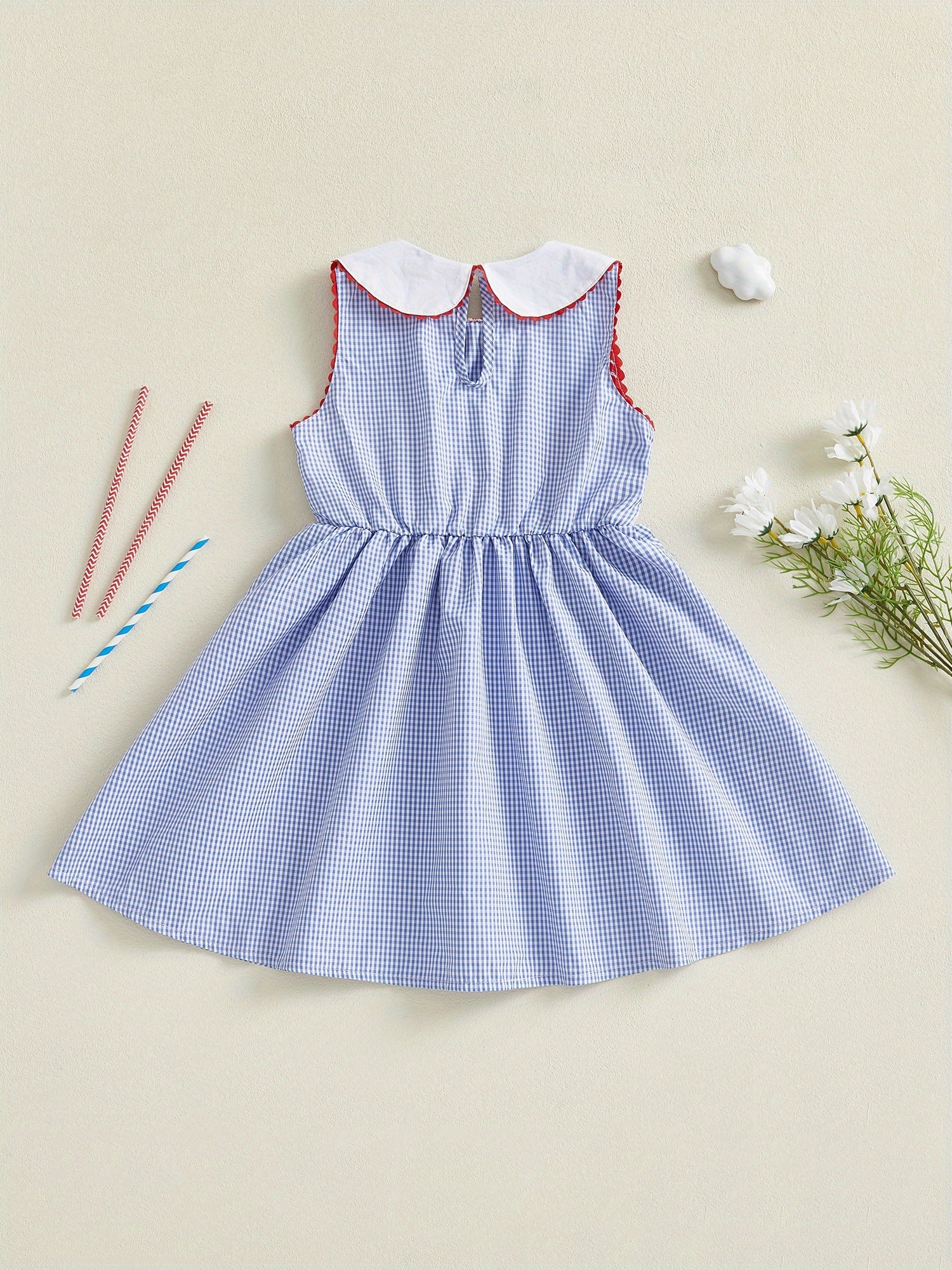 Girls Plaid A-Line Dress - Light Blue Patriotic Fun