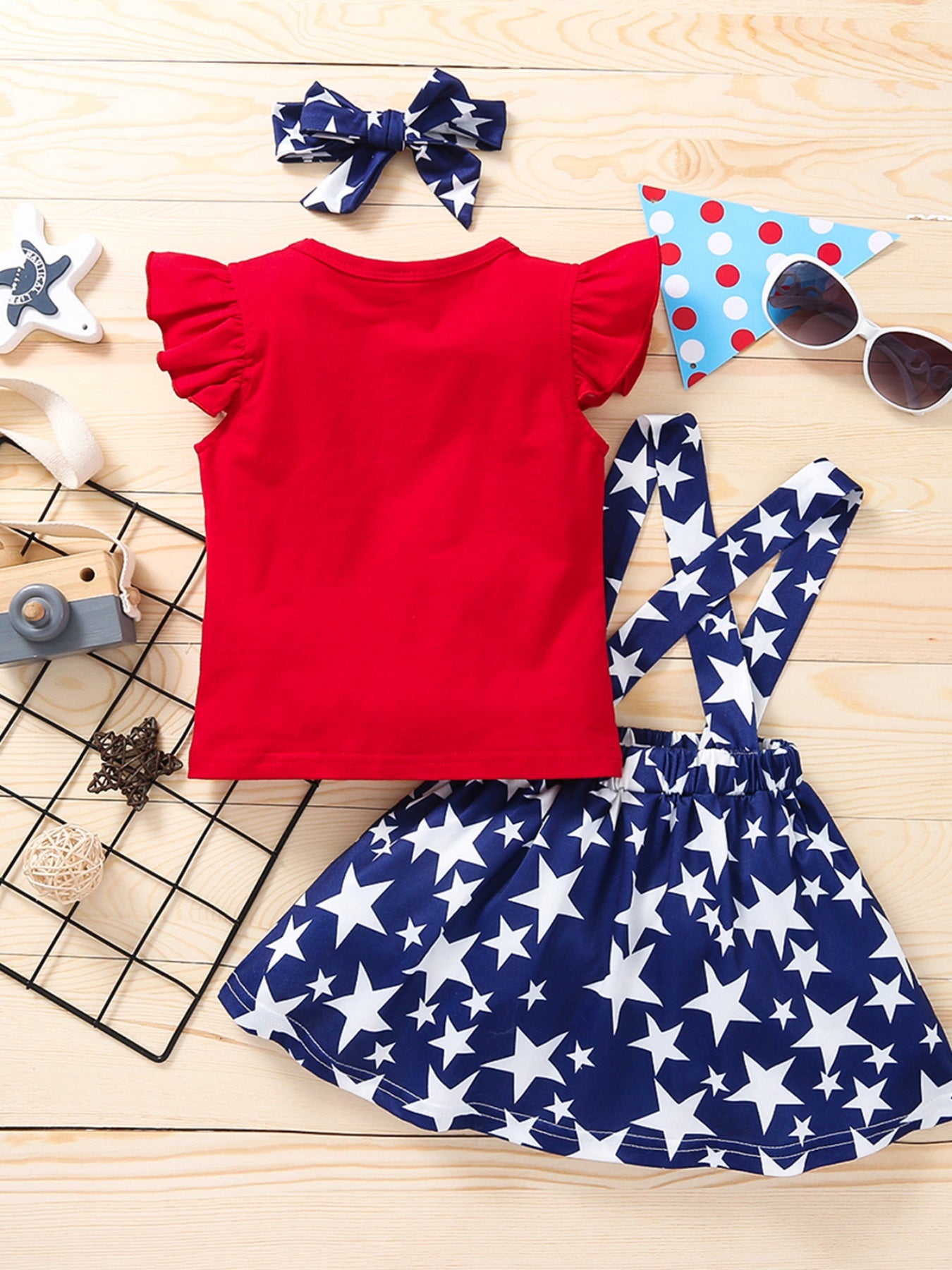 Girls 3pcs Letter Fly Sleeve Tee Stars Suspender Skirt & Headband Set