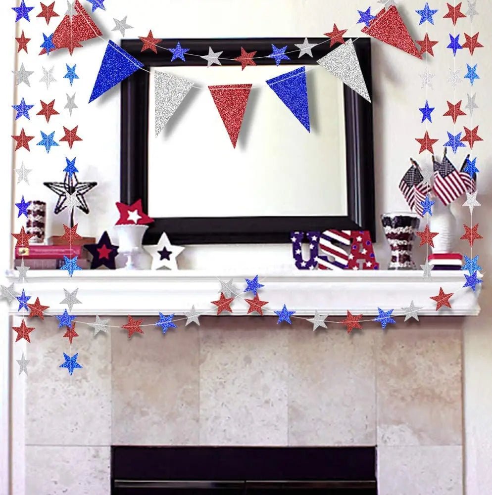 Fourth of July Garland - Red Blue Silver Star Banner