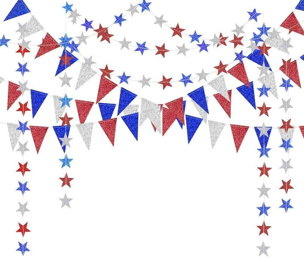 Fourth of July Garland - Red Blue Silver Star Banner