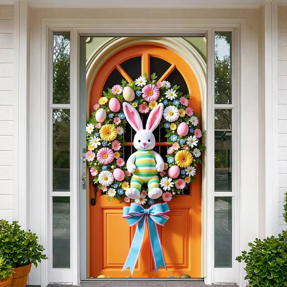 Easter Door Cover Pink Bunny Wreath - Easter Decoration Banner
