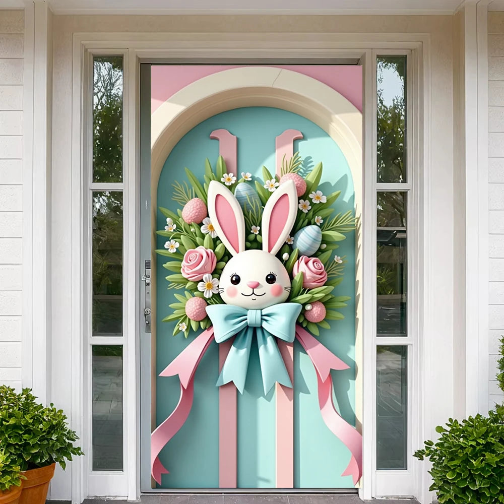 Easter Door Cover Pink Bunny Wreath - Easter Decoration Banner