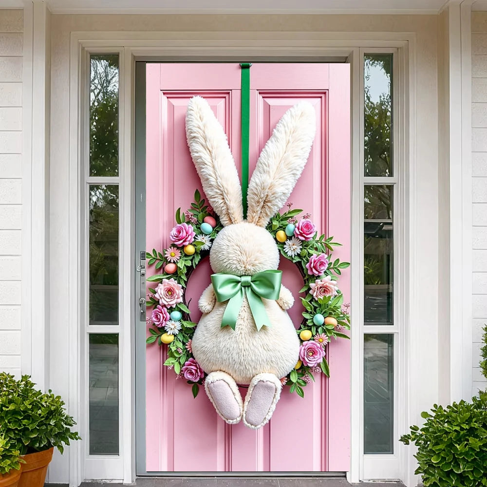 Easter Door Cover Pink Bunny Wreath - Easter Decoration Banner