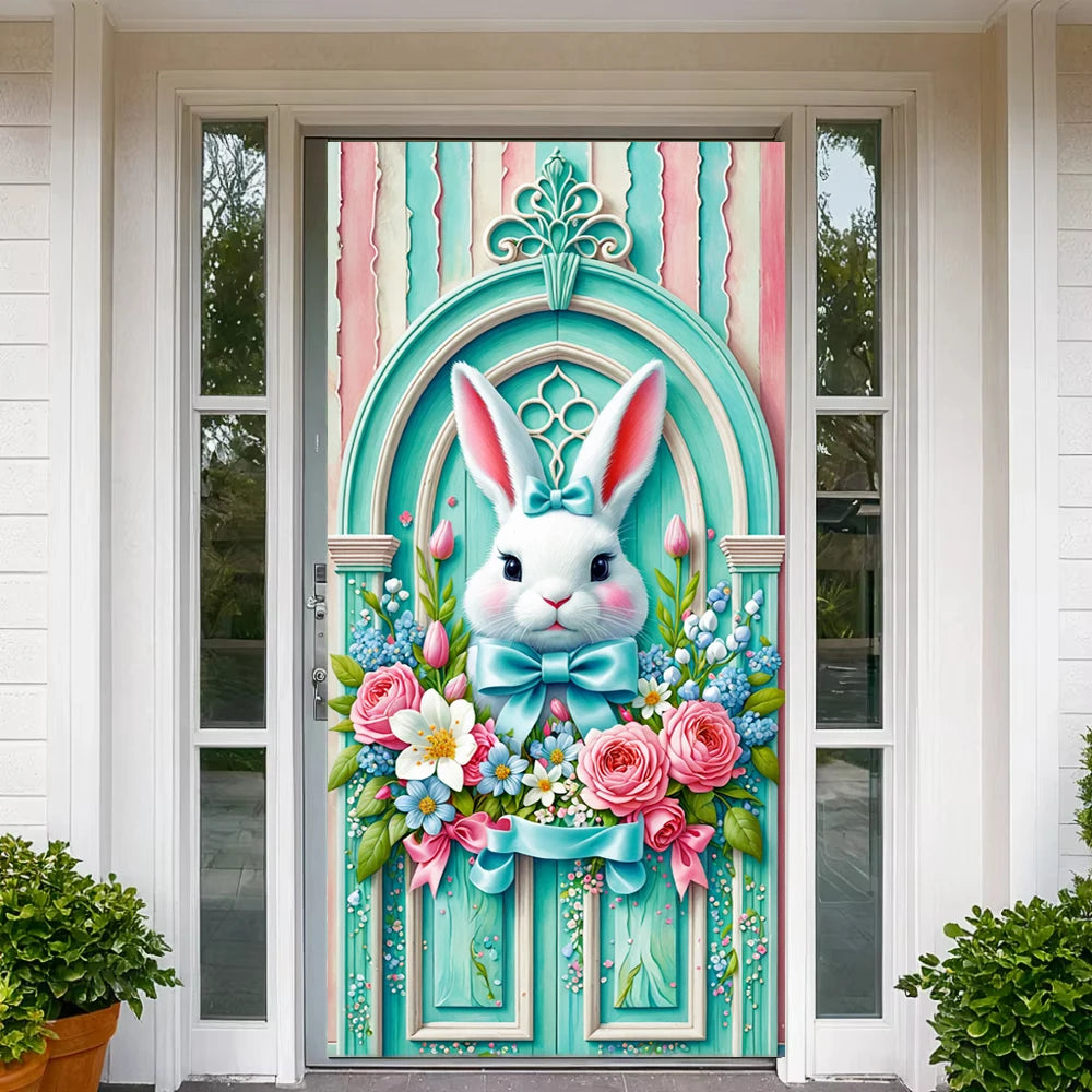 Easter Door Cover Pink Bunny Wreath - Easter Decoration Banner