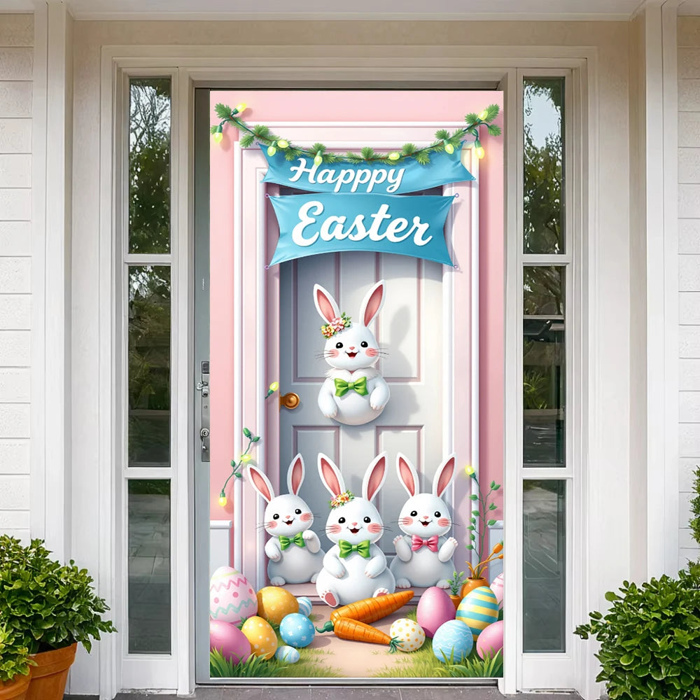 Easter Door Cover Pink Bunny Wreath - Easter Decoration Banner