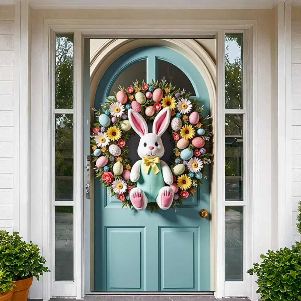 Easter Door Cover Pink Bunny Wreath - Easter Decoration Banner