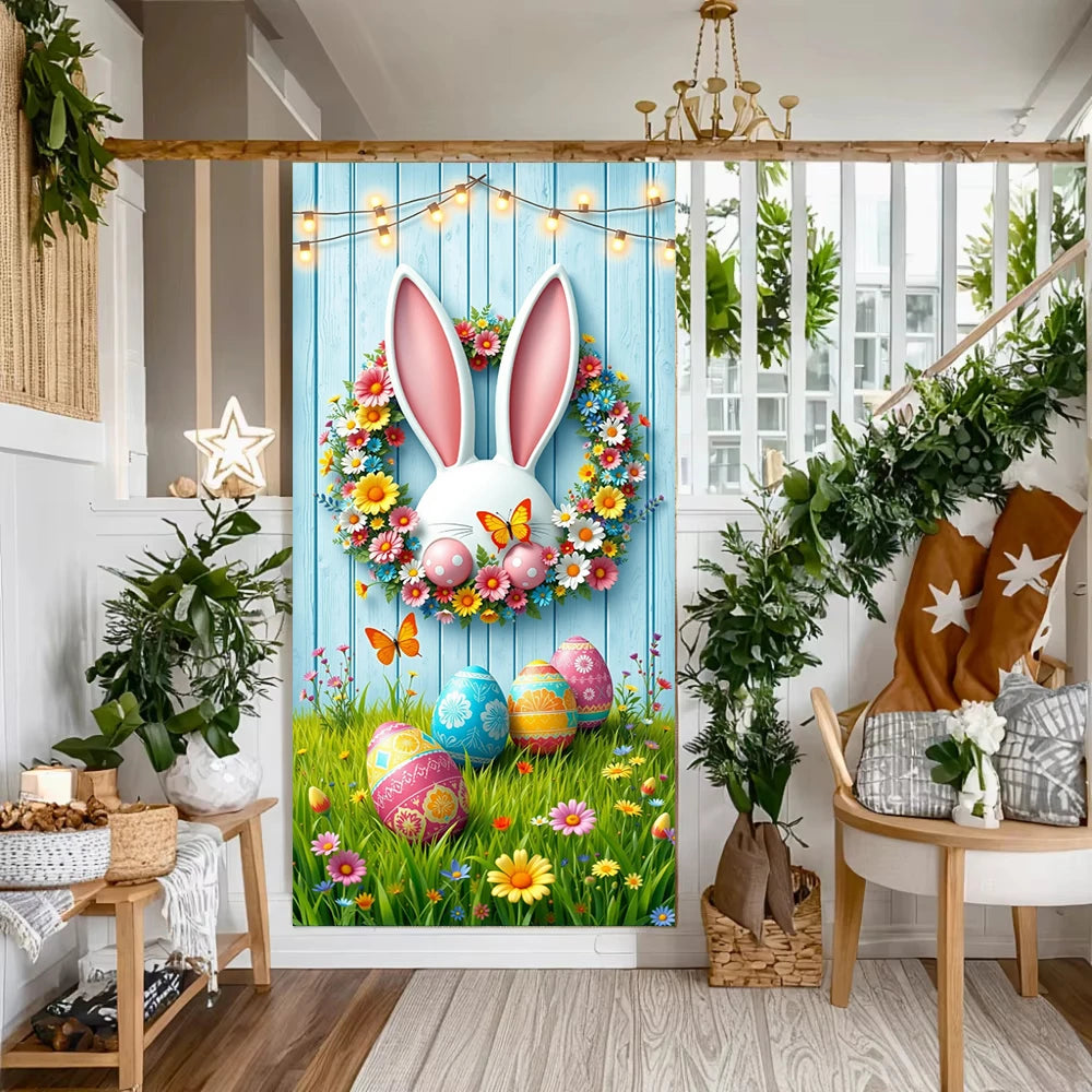 Easter Door Cover Pink Bunny Wreath - Easter Decoration Banner