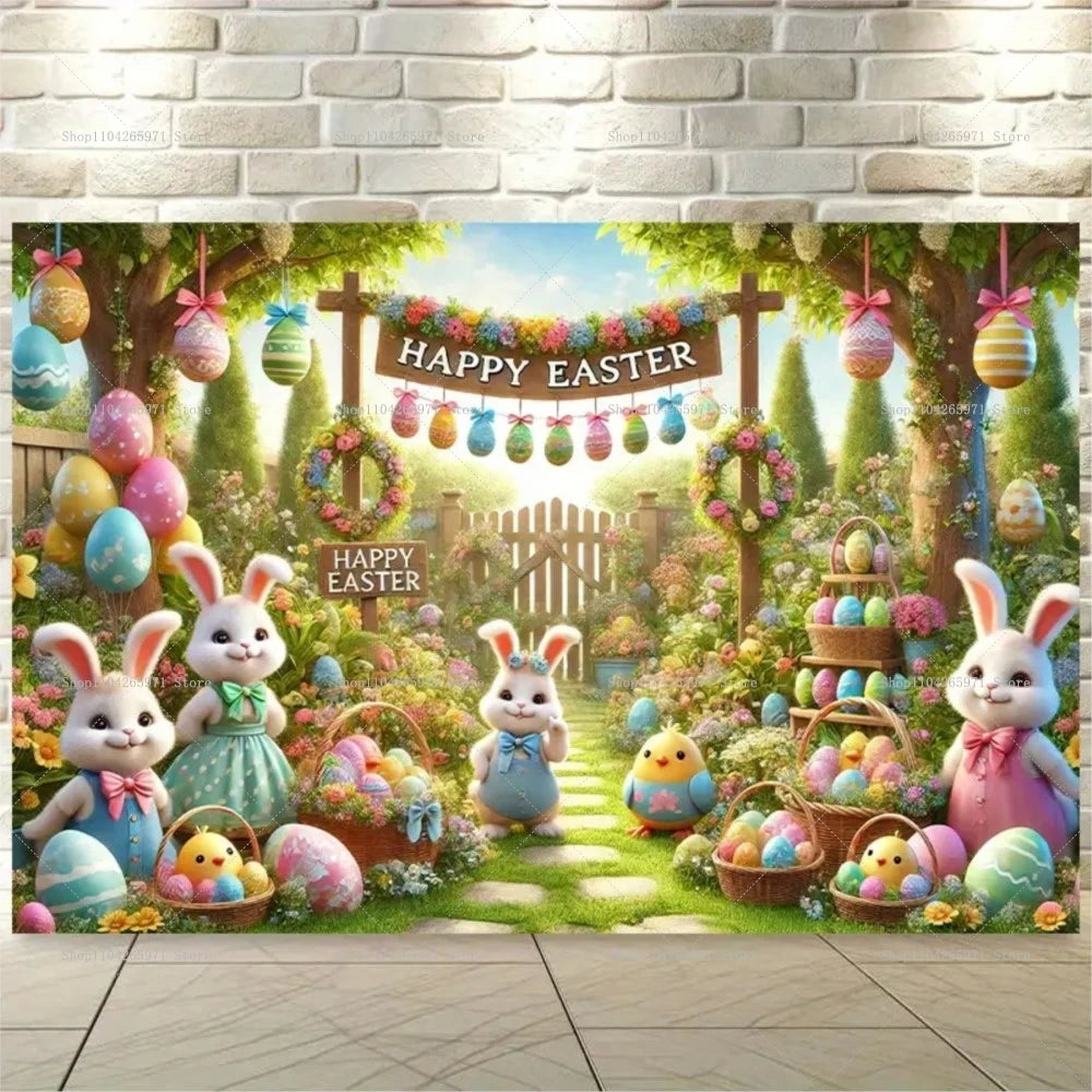Easter Bunny Backdrop Banner - Kids Party Photo Props 1pc