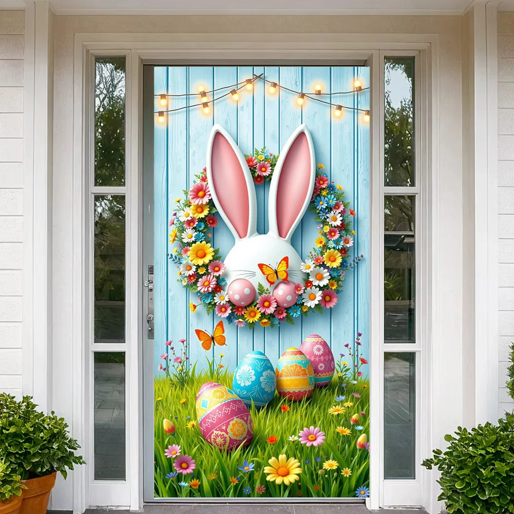 Easter Door Cover Pink Bunny Wreath - Easter Decoration Banner