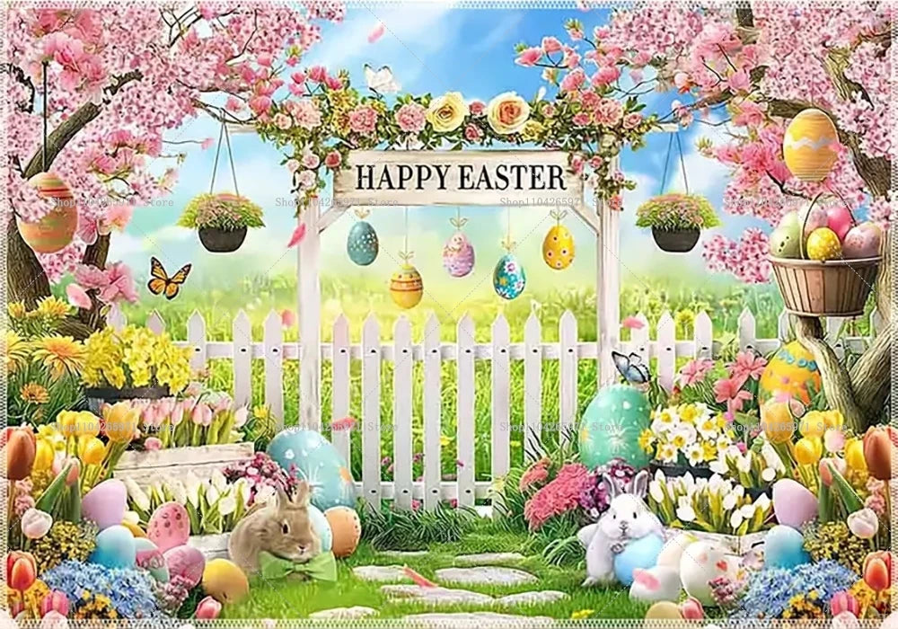 Easter Bunny Backdrop Banner - Kids Party Photo Props 1pc