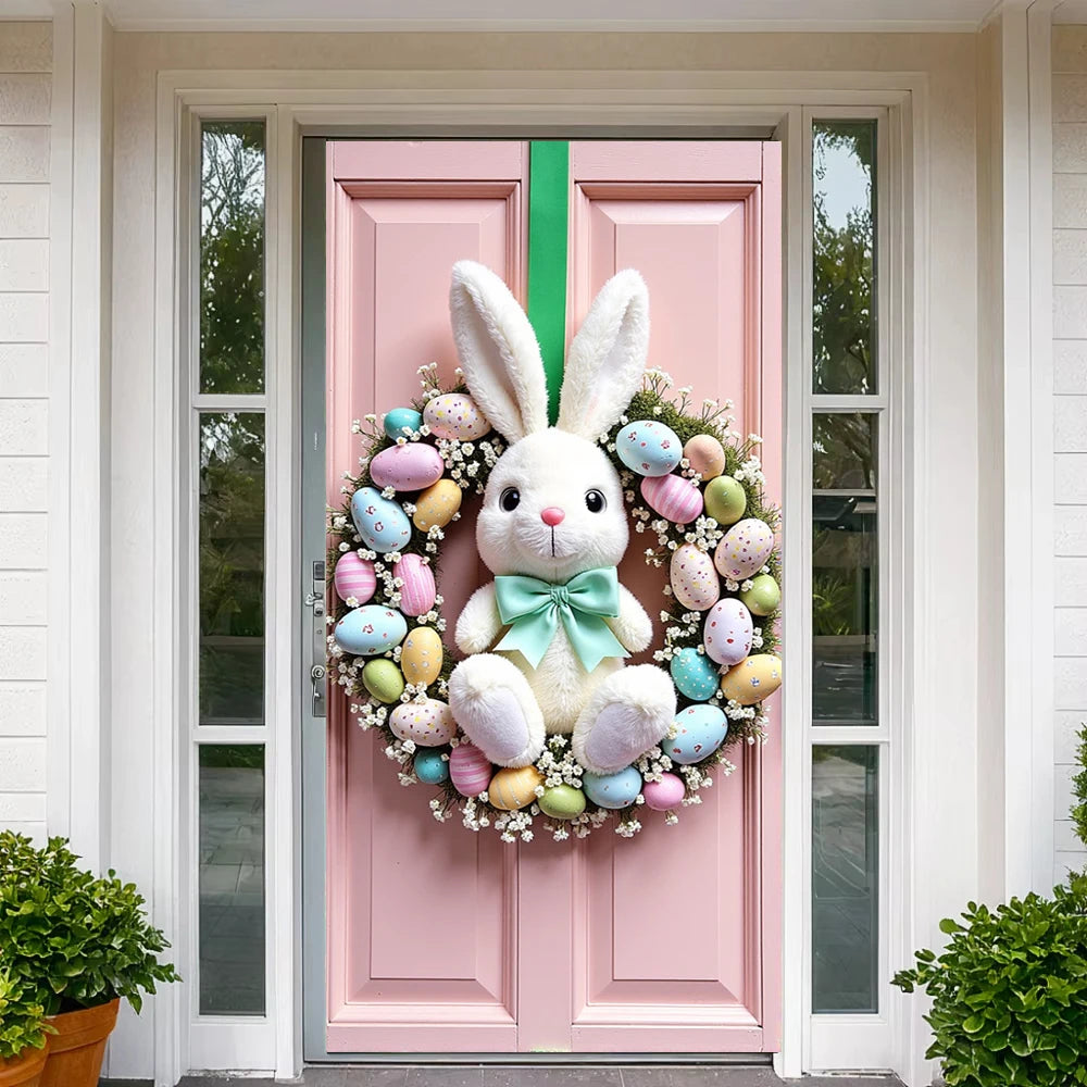 Easter Door Cover Pink Bunny Wreath - Easter Decoration Banner
