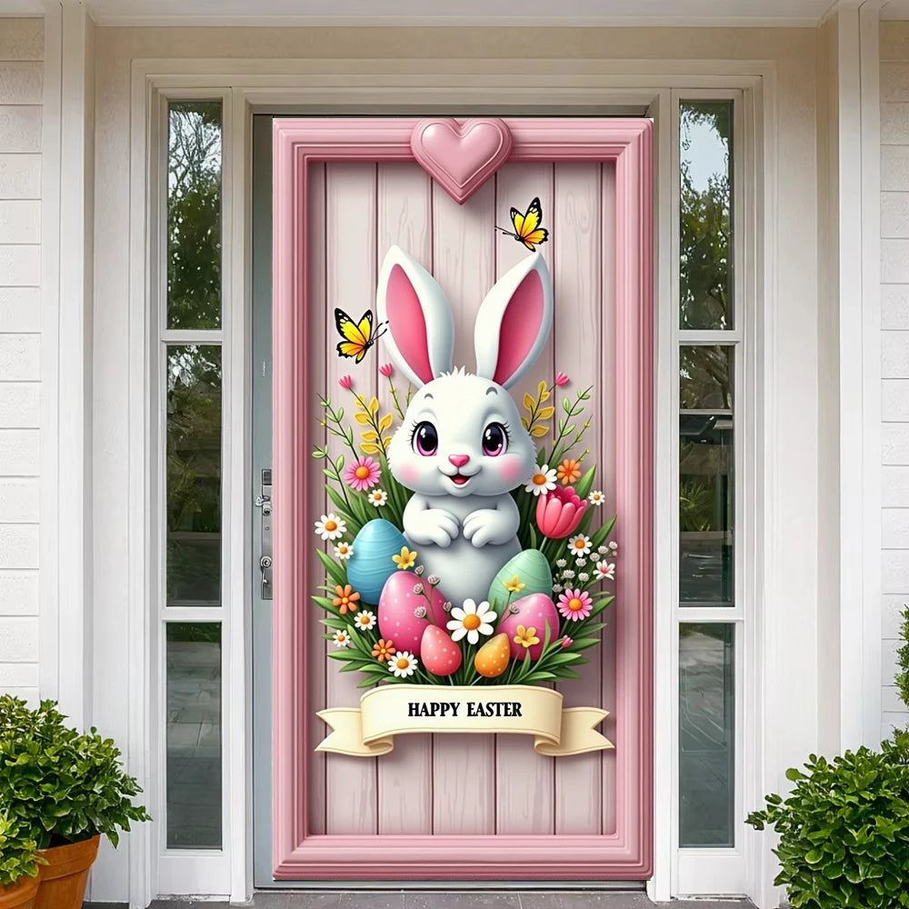 Easter Door Cover Pink Bunny Wreath - Easter Decoration Banner