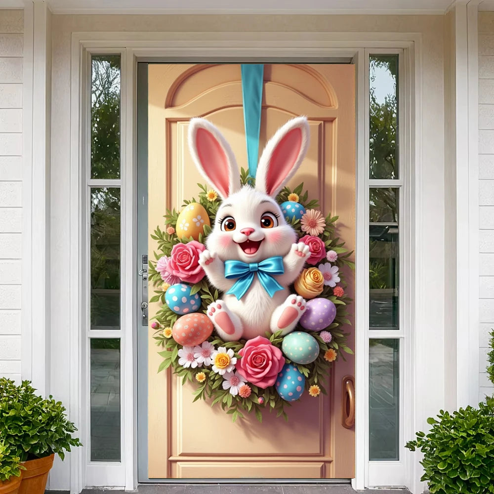 Easter Door Cover Pink Bunny Wreath - Easter Decoration Banner