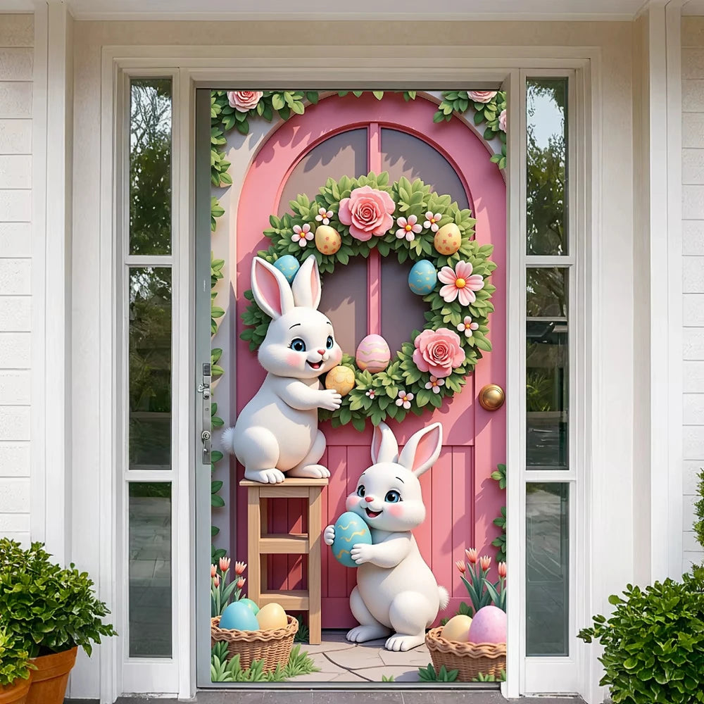 Easter Door Cover Pink Bunny Wreath - Easter Decoration Banner