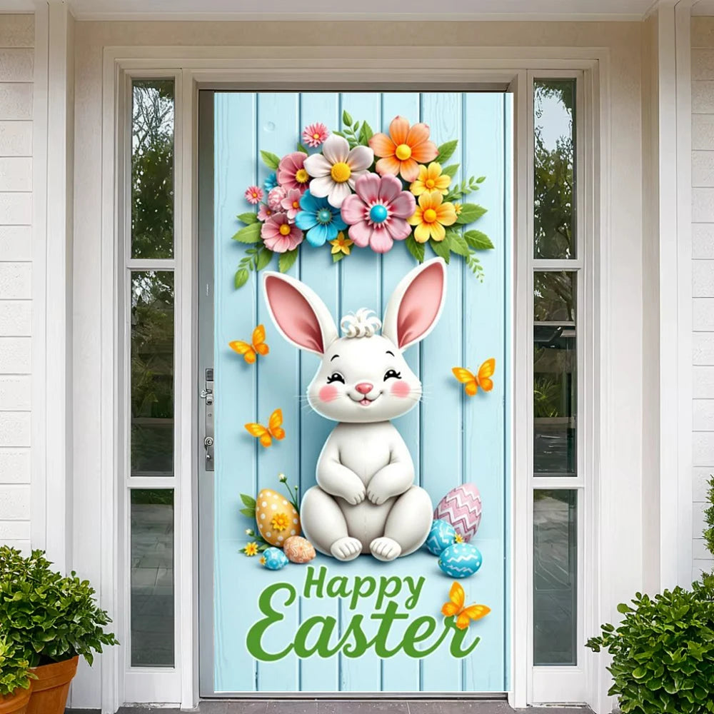 Easter Door Cover Pink Bunny Wreath - Easter Decoration Banner